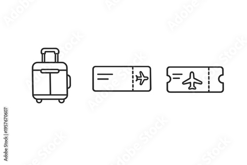 A minimalist set of black line icons featuring a wheeled suitcase and