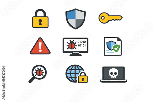 A collection of nine flat vector icons related to cybersecurity