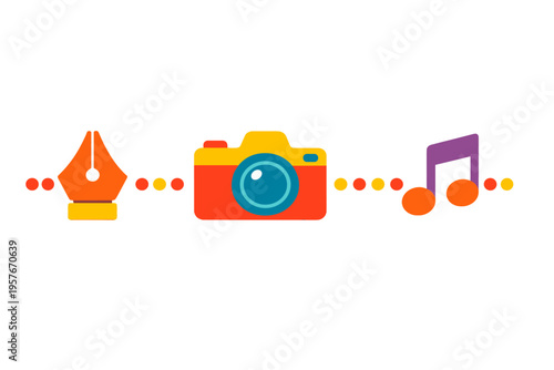 A minimalist flat vector illustration featuring colorful icons for a