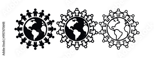Global Community and Unity Icons - People Holding Hands Around Earth