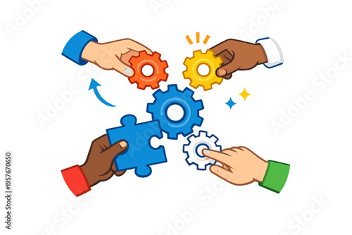 Diverse hands of different skin tones work together to assemble