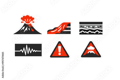 A set of six flat vector icons illustrating volcanic activity and