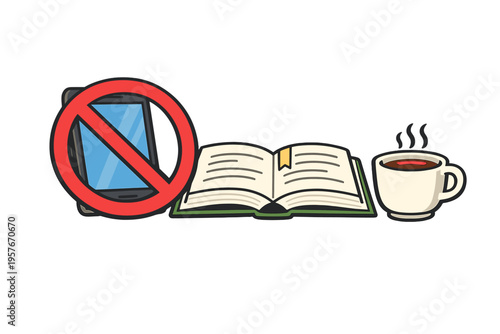 This illustration features a smartphone with a red no symbol over it