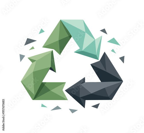 Low-poly vector illustration focused on recycling loop swirl stabilizing into a perfect cycle, three angular arrows forming a