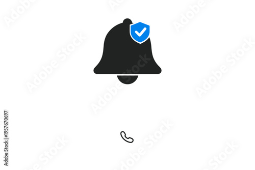 A black notification bell icon featuring a blue verified shield with
