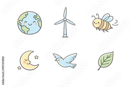 A set of six cute kawaii icons featuring a smiling Earth globe, a