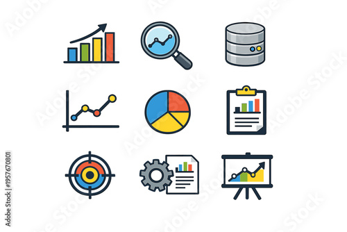 A collection of nine flat business icons representing data analysis