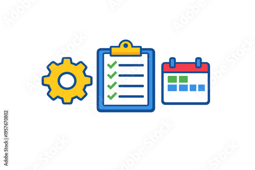 A flat vector illustration featuring a yellow gear, a blue clipboard