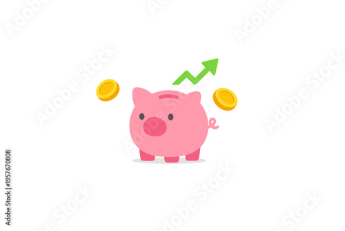 A pink piggy bank illustration with two gold coins and a green upward