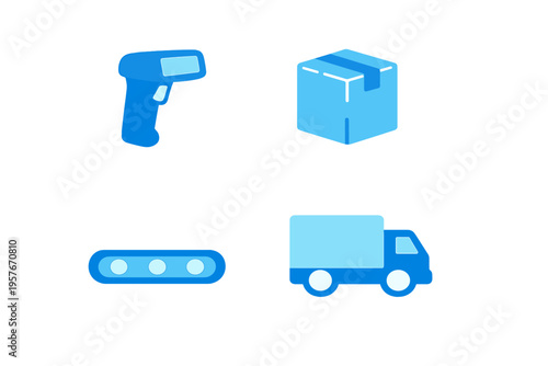 A set of four blue logistics icons featuring a handheld barcode