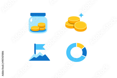 Set of four flat vector icons representing finance and success