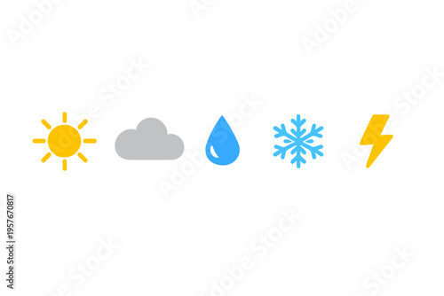 A set of five minimalist weather icons featuring a sun, cloud