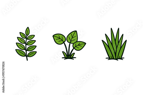 A minimalist vector illustration featuring three green plant icons