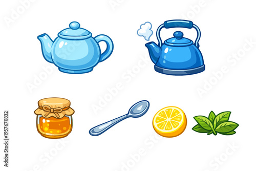 A collection of tea-related items including a blue teapot, a steaming