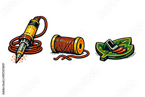 A set of three stylized vector icons featuring a soldering iron with