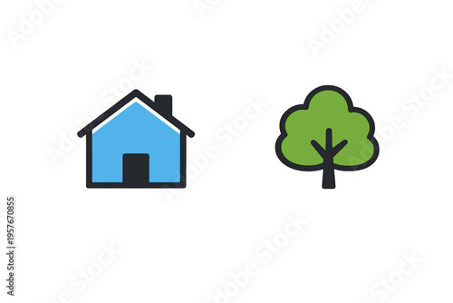 A minimalist flat illustration featuring a simple blue house icon