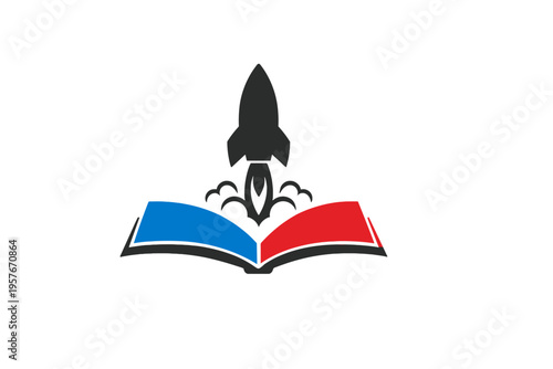 A conceptual logo design featuring a black rocket ship blasting off