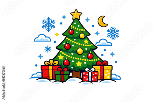 A colorful cartoon illustration of a decorated Christmas tree with a