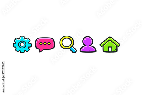 A set of five colorful hand-drawn icons featuring a blue gear, pink