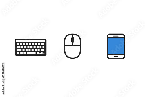 A set of flat vector icons featuring a computer keyboard, a mouse