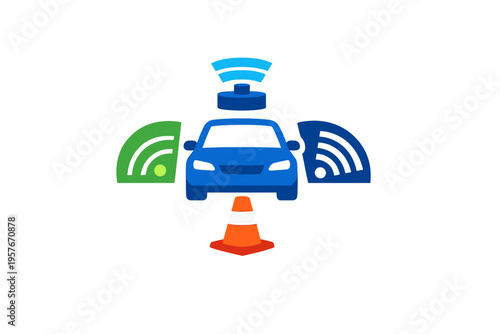 This illustration depicts a blue autonomous vehicle with wireless