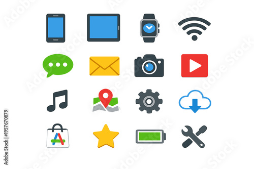 A collection of sixteen colorful flat vector icons representing