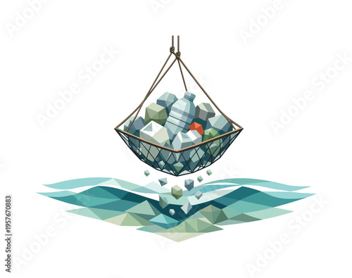 Low-poly vector illustration focused on ocean plastic capture after successful collection, angular cleanup net holding a cluster