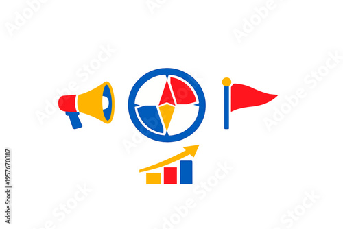 A minimalist graphic featuring a megaphone, a circular compass-style