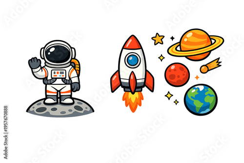 A collection of space-themed vector illustrations featuring a cartoon