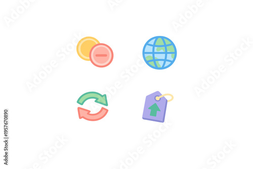 A set of four minimalist icons featuring a globe, a price tag with an