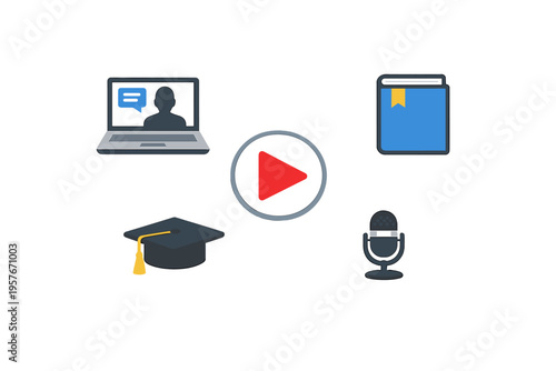 A collection of educational and multimedia icons including a laptop