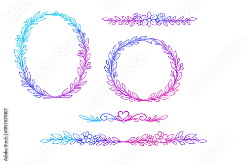 A set of hand-drawn floral decorative elements featuring wreaths and