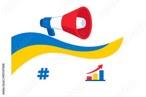 A flat vector illustration featuring a megaphone above a blue and