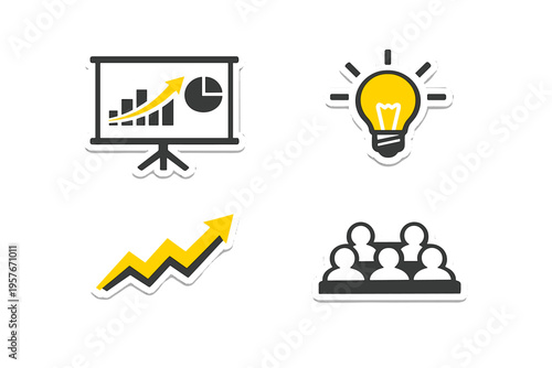 A set of four business icons in a sticker style featuring a