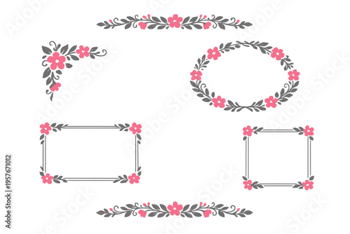 A collection of hand-drawn floral design elements featuring pink