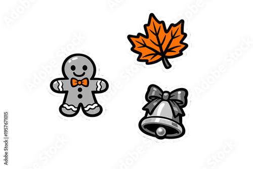 A collection of three cartoon stickers featuring a grey gingerbread