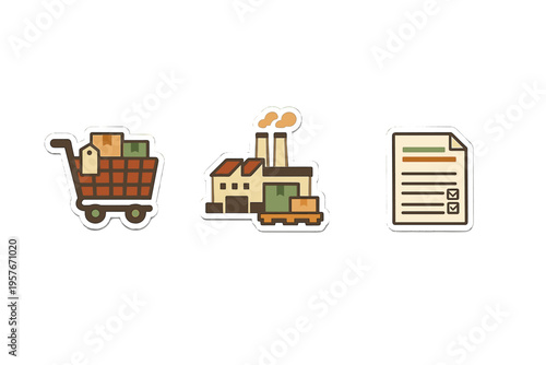 Photos A set of three icons representing a shopping cart with packages, an