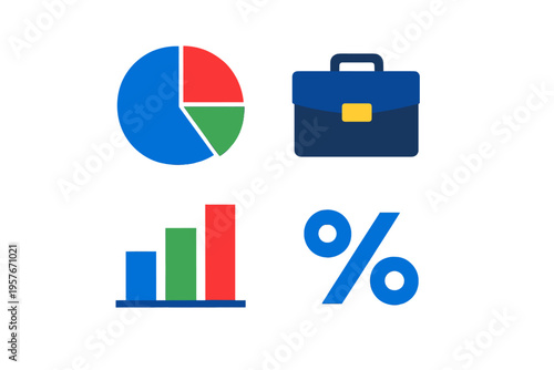 A collection of four business-related icons including a colorful pie