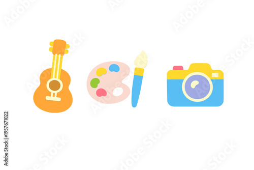 A paper cut style illustration featuring a guitar, an artist palette