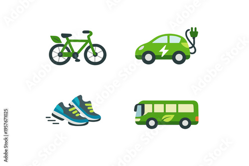 A collection of four flat icons representing eco-friendly