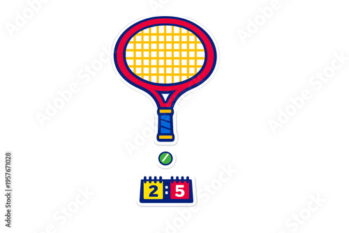 This flat vector illustration features a red and blue tennis racket