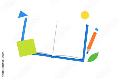 A minimalist flat illustration of an open blue notebook with blank