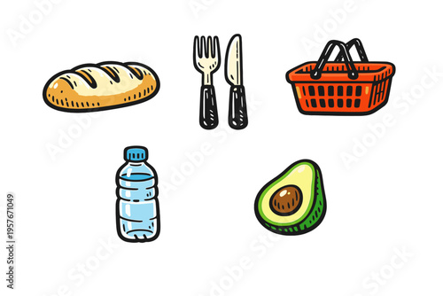 A collection of hand-drawn grocery and food icons featuring a loaf of