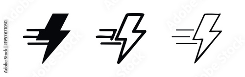 Fast Charging and Quick Power Icons - Lightning Bolt with Speed Lines Symbols for Rapid Energy Delivery