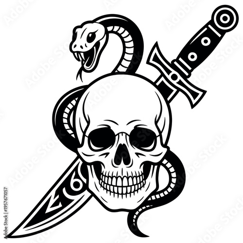 Intricate black and white tattoo design featuring a skull, a snake coiled around a dagger, fierce and edgy aesthetic