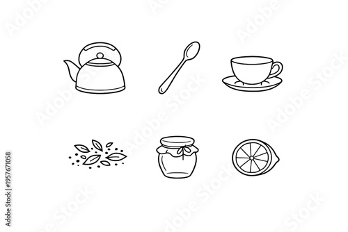 A collection of six minimalist line art icons featuring a teapot, a