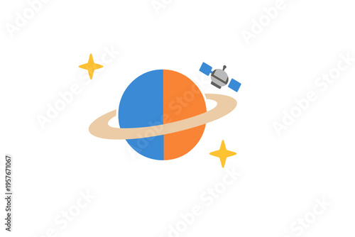 A minimalist vector illustration of a stylized planet split into blue