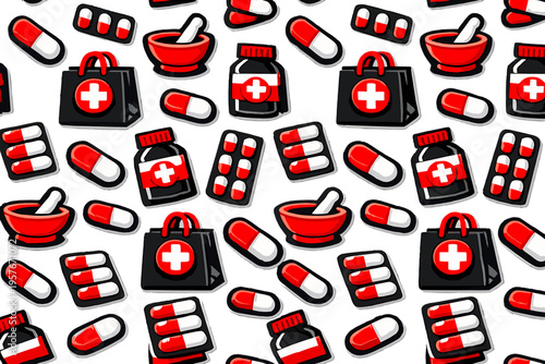 A seamless pattern featuring various medical icons including red and
