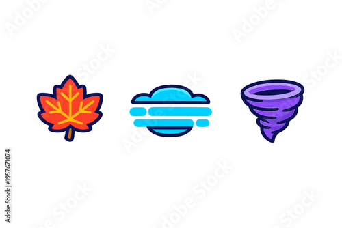 A set of three colorful weather and nature icons featuring a red