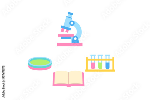 A flat illustration of laboratory equipment and study materials